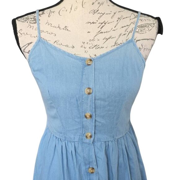 Japna Women's Size XS Blue Button Down Shirred Back Ruffle Bottom Sun Dress - Picture 4 of 6